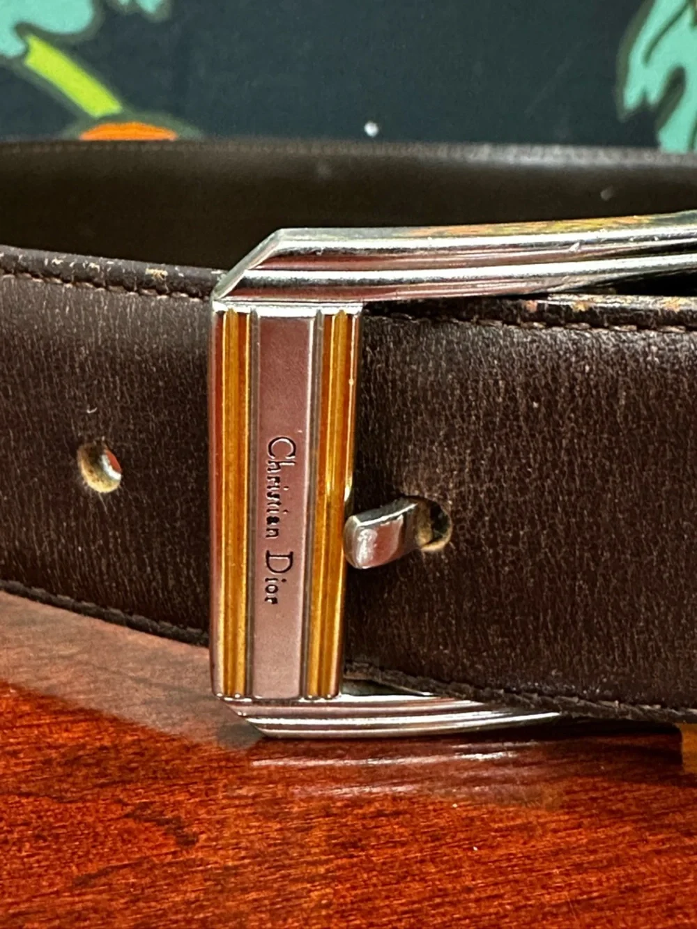 Vintage Dior Leather Belt Brown Gold Silver Buckle Low Waist Size Small
